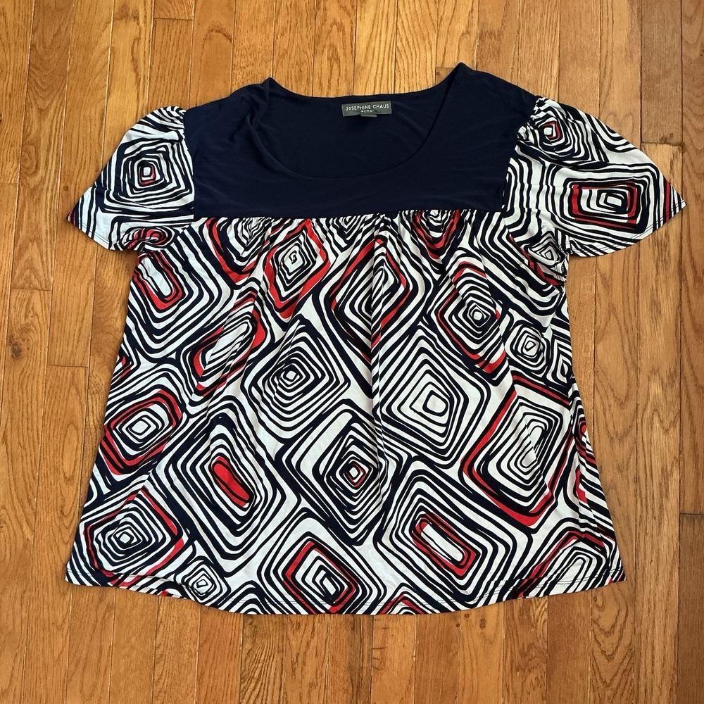 Red, White, and Blue Abstract Short Sleeve Blouse - 3XL - Josephine Chaus